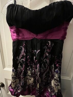 bebe Black Strapless Dress with Purple Accents